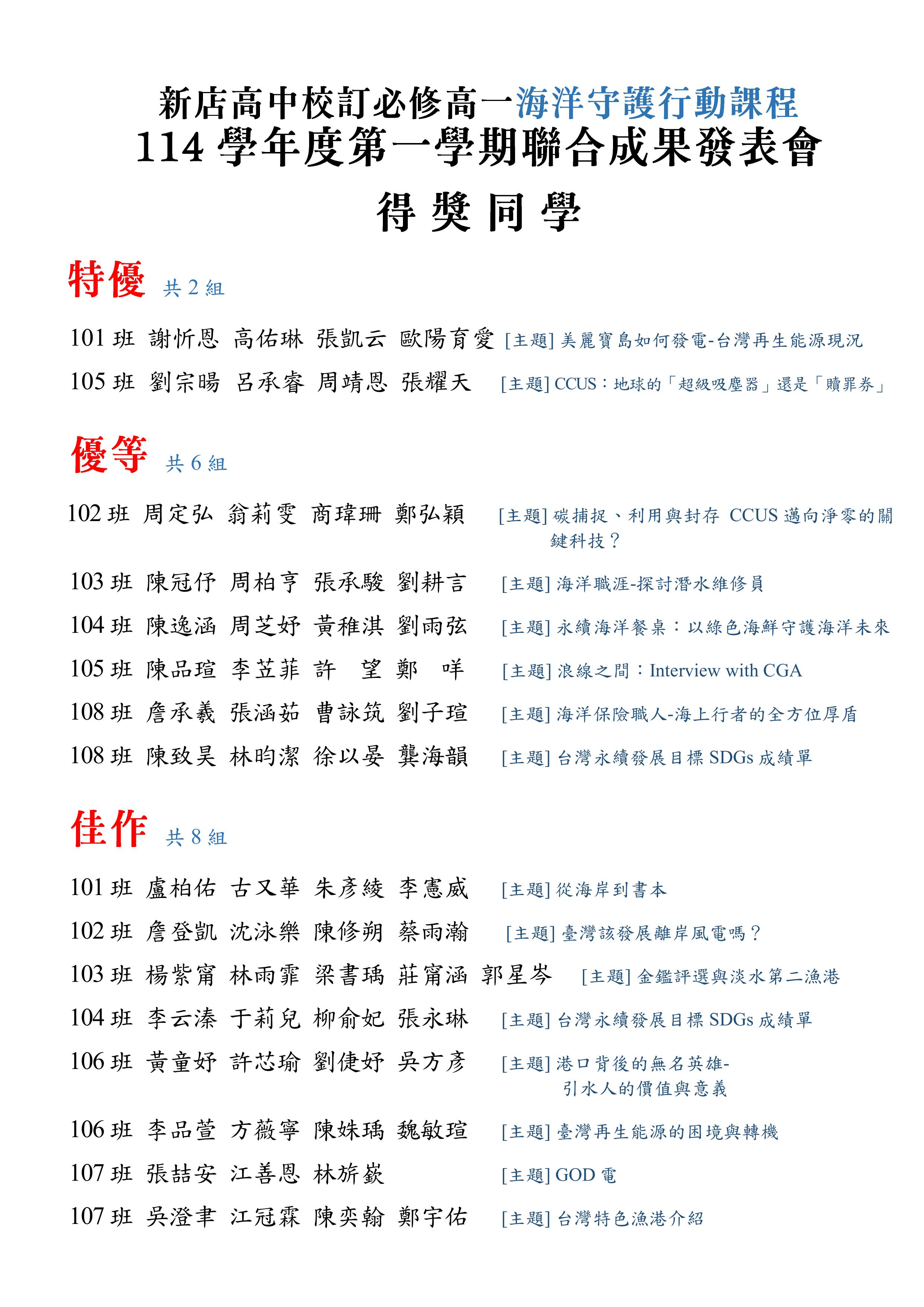 114學年度第一學期聯合成果發表會獲獎學生名單