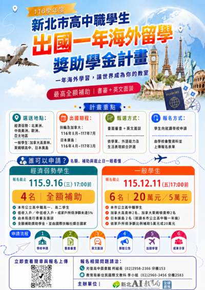 ★新北市116學年度高中職學生出國一年海外留學獎助學金開始申請★